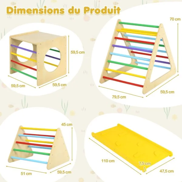 5 en 1 Aire de Jeux d’Escalade Montessori avec 2 Toboggans Réversibles Triangle d'Escalade en Bois Enfants avec Cadre Solide Charge 60kg