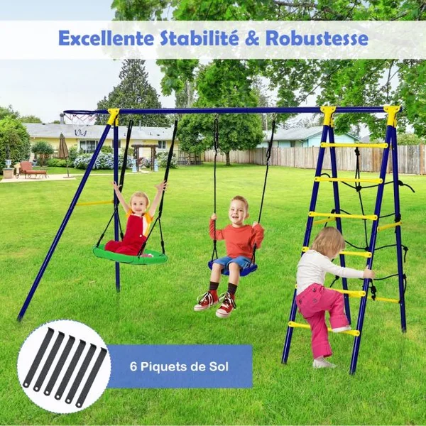 5 en 1 Balançoire Enfants Extérieur avec Panier de Basket Balançoire Nid d'Oiseau Ø66 cm et en U Charge 75kg pour 3-12 Ans