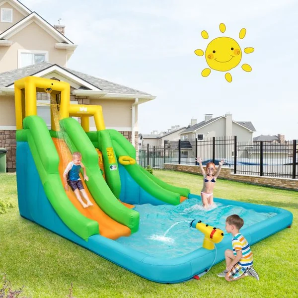 5 en 1 Château Gonflable Enfants avec Toboggan Double Parc Aquatique Gonflable Charge 159kg pour 3 Enfants de 3-10 Ans avec Ventilateur