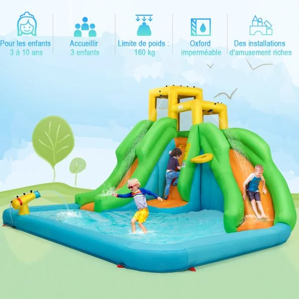 5 en 1 Château Gonflable Enfants avec Toboggan Double Parc Aquatique Gonflable Charge 159kg pour 3 Enfants de 3-10 Ans avec Ventilateur