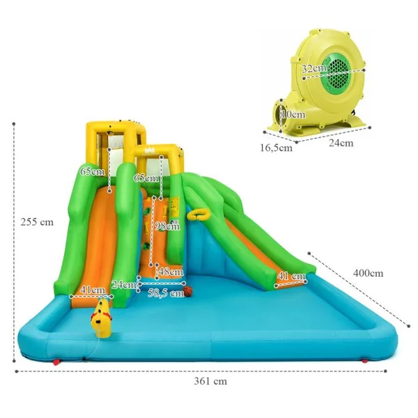 5 en 1 Château Gonflable Enfants avec Toboggan Double Parc Aquatique Gonflable Charge 159kg pour 3 Enfants de 3-10 Ans avec Ventilateur