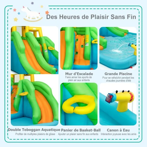 5 en 1 Château Gonflable Enfants avec Toboggan Double Parc Aquatique Gonflable Charge 159kg pour 3 Enfants de 3-10 Ans avec Ventilateur