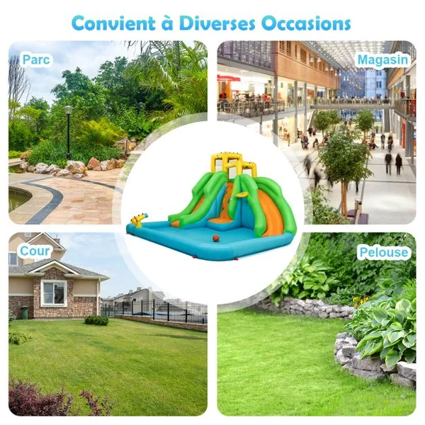 5 en 1 Château Gonflable Enfants avec Toboggan Double Parc Aquatique Gonflable Charge 159kg pour 3 Enfants de 3-10 Ans avec Ventilateur