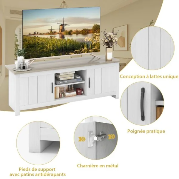 60" Meuble TV avce 4 Compartiments 2 portes 2 Trous de Gestion des Câbles pour Salon 145 x 39,5 x 49,5 cm Gris
