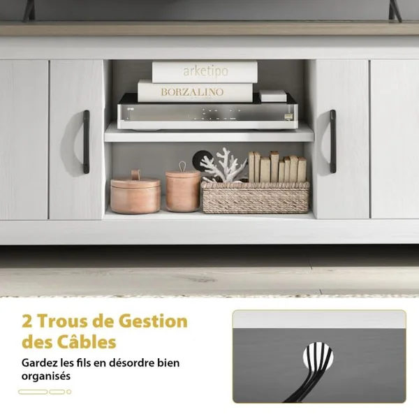 60" Meuble TV avce 4 Compartiments 2 portes 2 Trous de Gestion des Câbles pour Salon 145 x 39,5 x 49,5 cm Gris