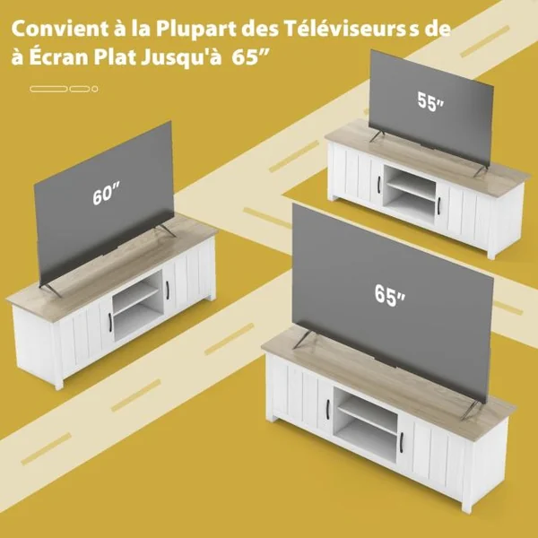 60" Meuble TV avce 4 Compartiments 2 portes 2 Trous de Gestion des Câbles pour Salon 145 x 39,5 x 49,5 cm Gris