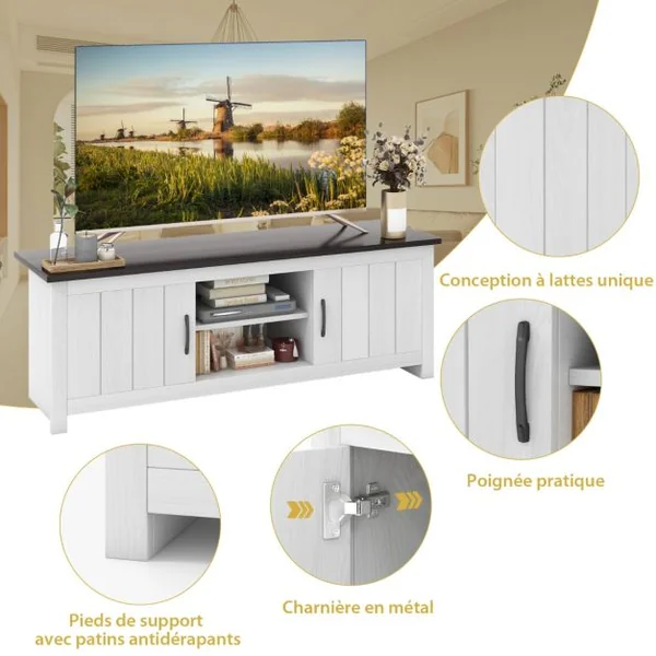 60" Meuble TV avce 4 Compartiments 2 portes 2 Trous de Gestion des Câbles pour Salon Chambre 145 x 39,5 x 49,5 cm Brun