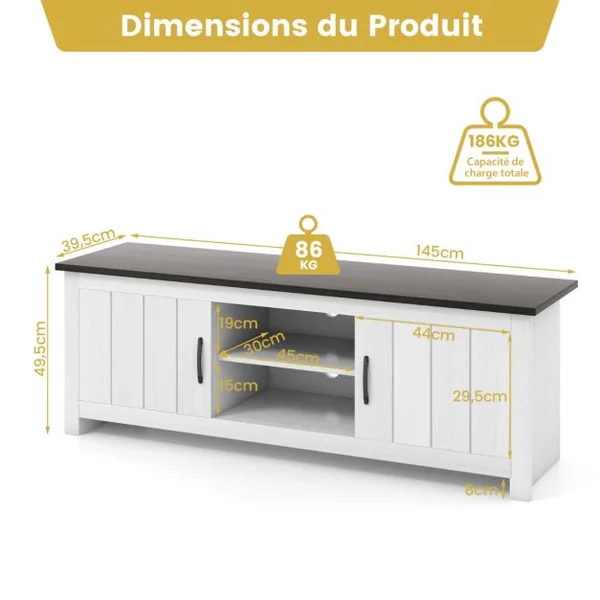60" Meuble TV avce 4 Compartiments 2 portes 2 Trous de Gestion des Câbles pour Salon Chambre 145 x 39,5 x 49,5 cm Brun