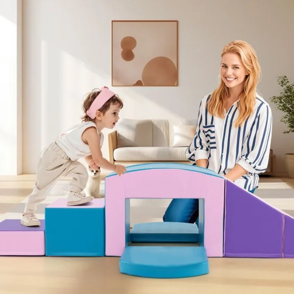 6 Blocs d’Escalade en Mousse Jeu d’Escalade pour Tout-Petits Jeu d’Activité d’Escalade Coloré Tunnel Escaliers et Rampe pour 12+ Mois Coloré/Bleu/Violet