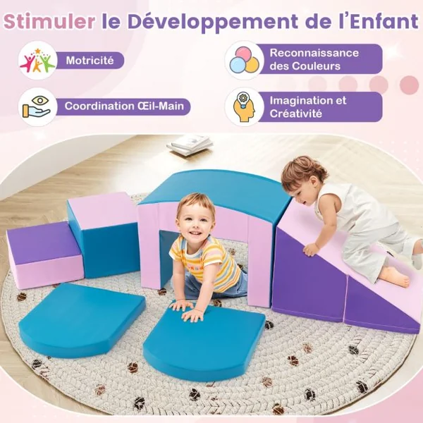 6 Blocs d’Escalade en Mousse Jeu d’Escalade pour Tout-Petits Jeu d’Activité d’Escalade Coloré Tunnel Escaliers et Rampe pour 12+ Mois Coloré/Bleu/Violet