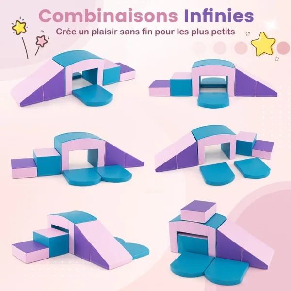 6 Blocs d’Escalade en Mousse Jeu d’Escalade pour Tout-Petits Jeu d’Activité d’Escalade Coloré Tunnel Escaliers et Rampe pour 12+ Mois Coloré/Bleu/Violet