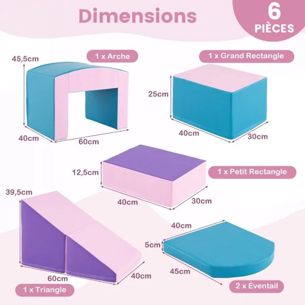 6 Blocs d’Escalade en Mousse Jeu d’Escalade pour Tout-Petits Jeu d’Activité d’Escalade Coloré Tunnel Escaliers et Rampe pour 12+ Mois Coloré/Bleu/Violet