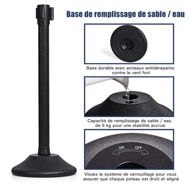 6 Poteaux de Guidage avec Sangles (Chaque env. 1,9 m) Rétractables Eau/Sable Injectable dans la Base pour Stabilité Noir