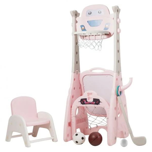 6-en-1 Panier de Basketball avec But de Football Fléchettes Golf Chaise Lancer d'Anneaux Rose