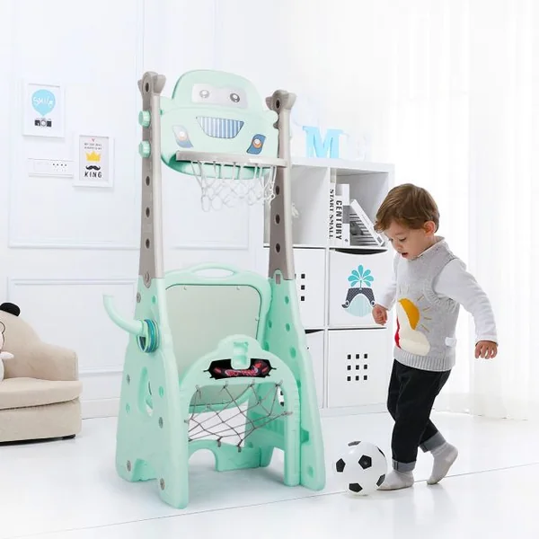 6-en-1 Panier de Basketball avec But de Football Fléchettes Golf Chaise Lancer d'Anneaux Vert