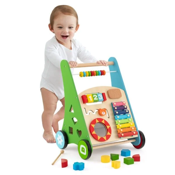 7 en 1 Chariot de Marche en Bois avec Boîte de Rangement Marcheur D'Apprentissage Bébé avec 8 Blocs et 1 Maillet pour Bébé de 1 An+