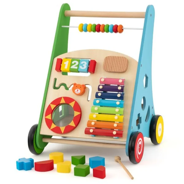 7 en 1 Chariot de Marche en Bois avec Boîte de Rangement Marcheur D'Apprentissage Bébé avec 8 Blocs et 1 Maillet pour Bébé de 1 An+