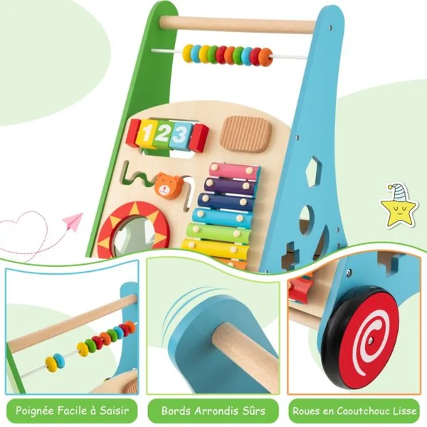 7 en 1 Chariot de Marche en Bois avec Boîte de Rangement Marcheur D'Apprentissage Bébé avec 8 Blocs et 1 Maillet pour Bébé de 1 An+