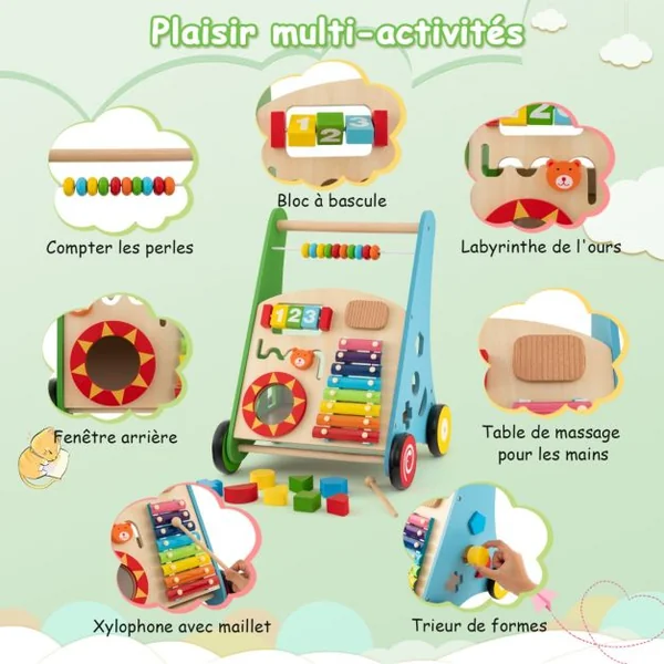 7 en 1 Chariot de Marche en Bois avec Boîte de Rangement Marcheur D'Apprentissage Bébé avec 8 Blocs et 1 Maillet pour Bébé de 1 An+