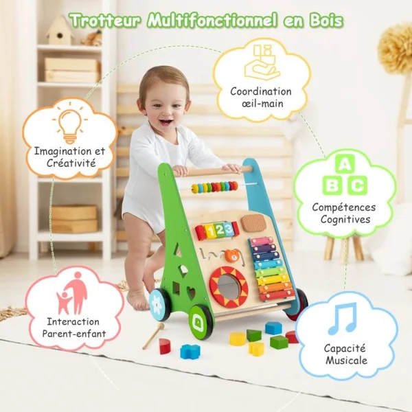 7 en 1 Chariot de Marche en Bois avec Boîte de Rangement Marcheur D'Apprentissage Bébé avec 8 Blocs et 1 Maillet pour Bébé de 1 An+