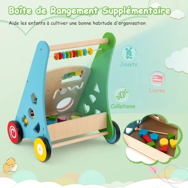 7 en 1 Chariot de Marche en Bois avec Boîte de Rangement Marcheur D'Apprentissage Bébé avec 8 Blocs et 1 Maillet pour Bébé de 1 An+