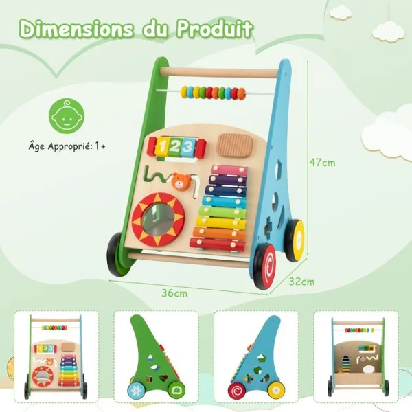 7 en 1 Chariot de Marche en Bois avec Boîte de Rangement Marcheur D'Apprentissage Bébé avec 8 Blocs et 1 Maillet pour Bébé de 1 An+