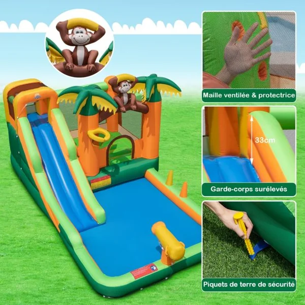 7 en 1 Château Gonflable Tropical à Thème Singe & Palmier avec Toboggan Aquatique avec Piscine & 50 Boules Charge 90kg pour 2 Enfants de 3-10 Ans