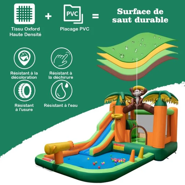 7 en 1 Château Gonflable Tropical à Thème Singe & Palmier avec Toboggan Aquatique avec Piscine & 50 Boules Charge 90kg pour 2 Enfants de 3-10 Ans