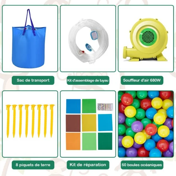 7 en 1 Château Gonflable Tropical à Thème Singe & Palmier avec Toboggan Aquatique avec Piscine & 50 Boules Charge 90kg pour 2 Enfants de 3-10 Ans