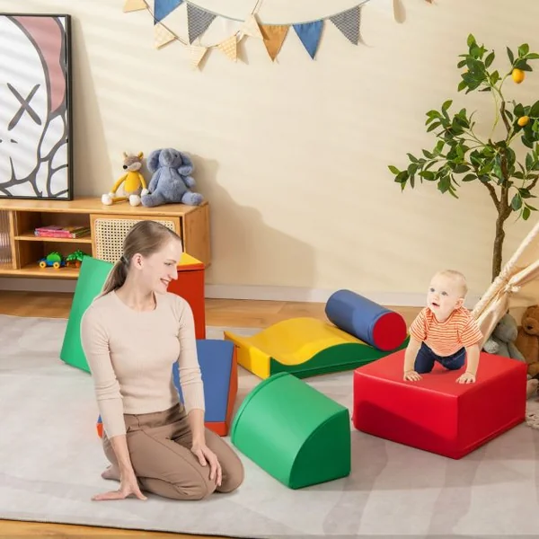 7PCS Blocs de Construction en Mousse Housse en PU Modules de Motricité pour Enfants Jouets Éducatifs 18 Mois+ pour Ramper