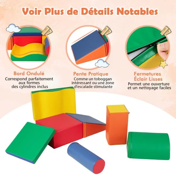 7PCS Blocs de Construction en Mousse Housse en PU Modules de Motricité pour Enfants Jouets Éducatifs 18 Mois+ pour Ramper