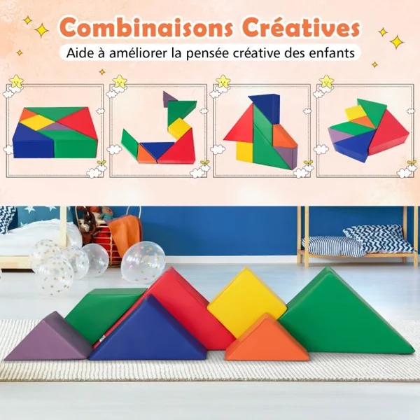 7PCS Modules de Motricitéen Mousse avec Housse en PU Blocs de Construction d’Escalade Doux Couleurs Vives 18 Mois+