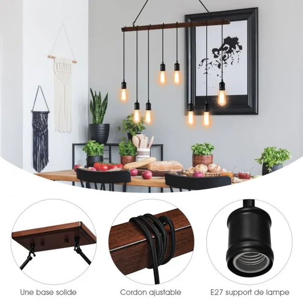 8 Lampes Suspension Luminaire Industriel pour Ampoule E27 avec Support en Barre Longueur Réglable