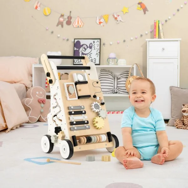 9 en 1 Chariot de Marche en Bois avec Boîte de Rangement Marcheur D'Apprentissage Bébé avec 3 Blocs et 1 Maillet pour Bébé de 1 An+