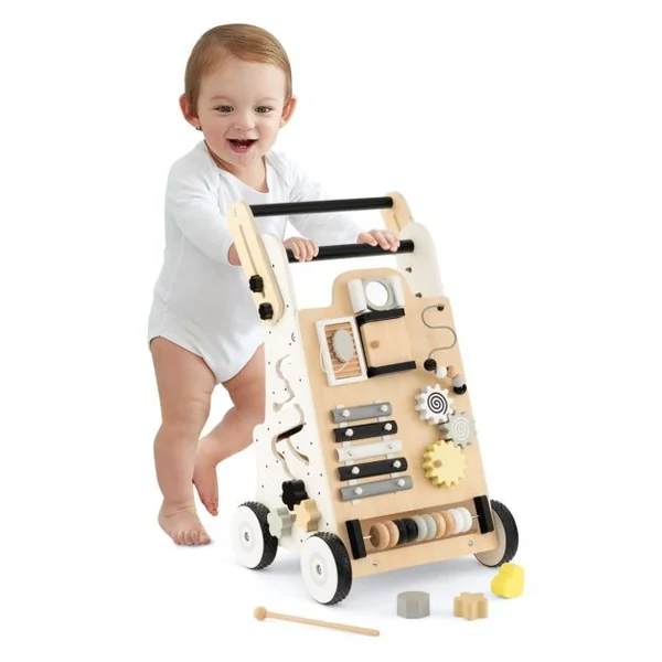 9 en 1 Chariot de Marche en Bois avec Boîte de Rangement Marcheur D'Apprentissage Bébé avec 3 Blocs et 1 Maillet pour Bébé de 1 An+