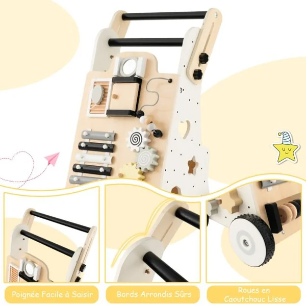 9 en 1 Chariot de Marche en Bois avec Boîte de Rangement Marcheur D'Apprentissage Bébé avec 3 Blocs et 1 Maillet pour Bébé de 1 An+