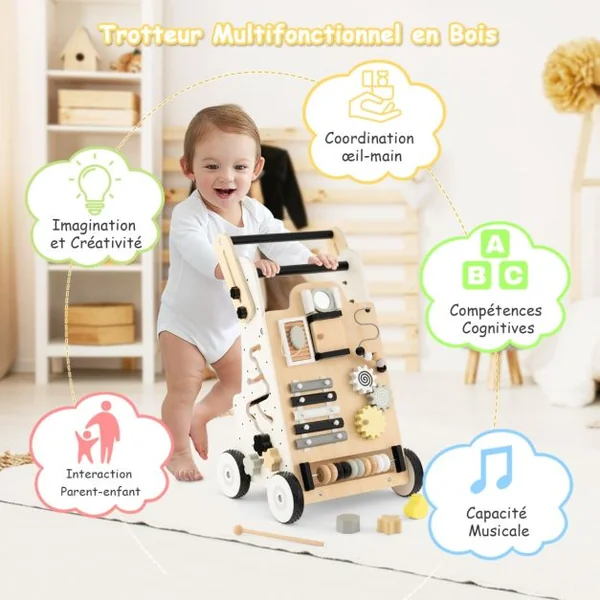 9 en 1 Chariot de Marche en Bois avec Boîte de Rangement Marcheur D'Apprentissage Bébé avec 3 Blocs et 1 Maillet pour Bébé de 1 An+