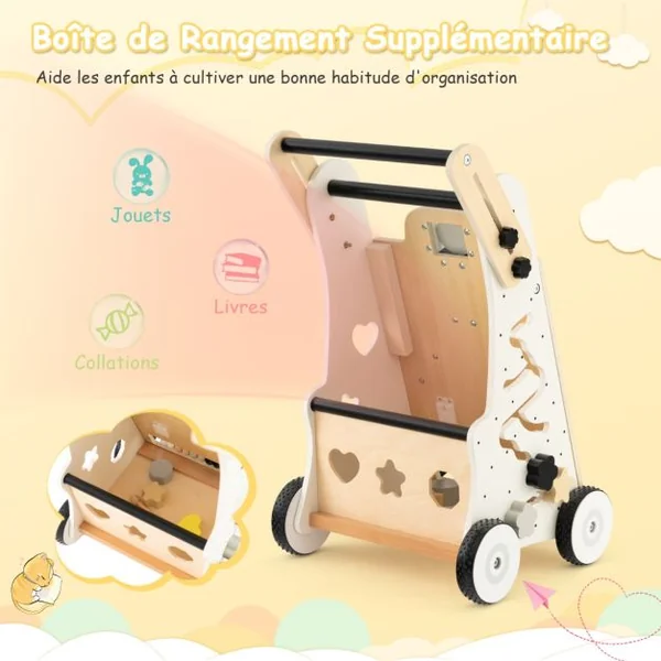 9 en 1 Chariot de Marche en Bois avec Boîte de Rangement Marcheur D'Apprentissage Bébé avec 3 Blocs et 1 Maillet pour Bébé de 1 An+