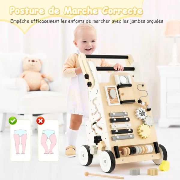9 en 1 Chariot de Marche en Bois avec Boîte de Rangement Marcheur D'Apprentissage Bébé avec 3 Blocs et 1 Maillet pour Bébé de 1 An+