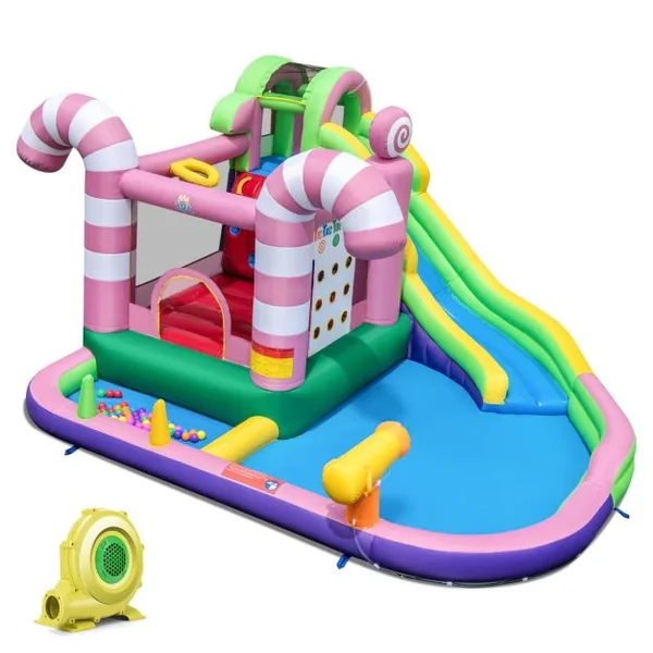 9 en 1 Château Gonflable en Forme Bonbons avec Toboggan Maison de Saut Gonflable avec Pistolet à Eau Charge 90kg pour 2 Enfants de 3-10 Ans