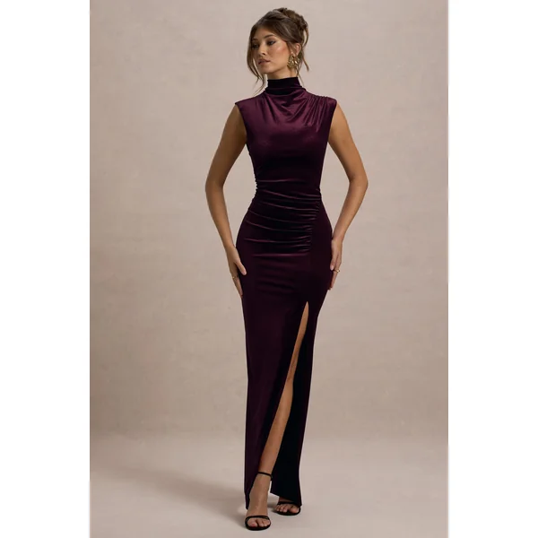 Abilene | Robe Longue Fendue à Col Montant en Velours Violet