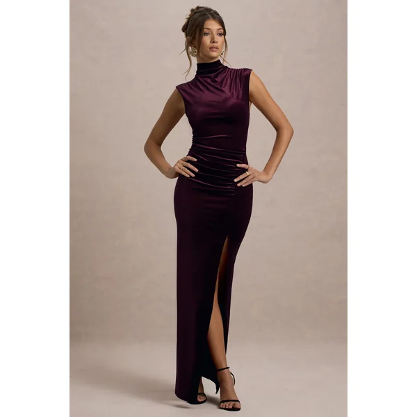 Abilene | Robe Longue Fendue à Col Montant en Velours Violet