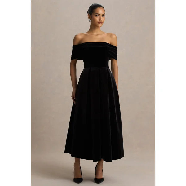 Ablaze | Robe longue Bardot en velours noir