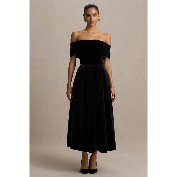Ablaze | Robe longue Bardot en velours noir