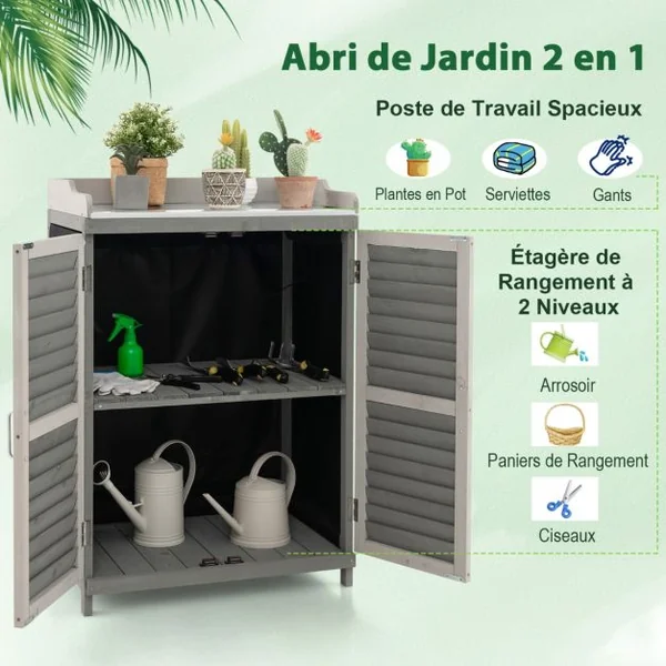 Abri de Jardin avec 2 Portes Magnétiques Étagère et Plateau en Métal Plaqué Cabane de Rangement en Bois de Sapin 67 x 47 x 100 cm Gris