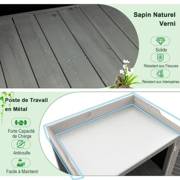 Abri de Jardin avec 2 Portes Magnétiques Étagère et Plateau en Métal Plaqué Cabane de Rangement en Bois de Sapin 67 x 47 x 100 cm Gris