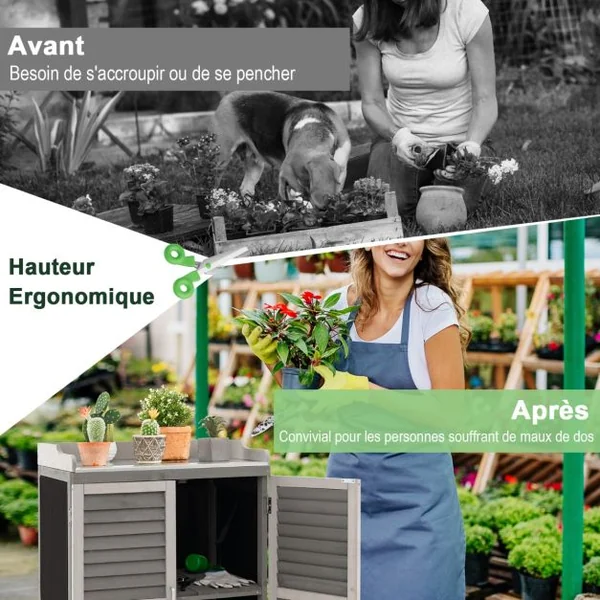 Abri de Jardin avec 2 Portes Magnétiques Étagère et Plateau en Métal Plaqué Cabane de Rangement en Bois de Sapin 67 x 47 x 100 cm Gris