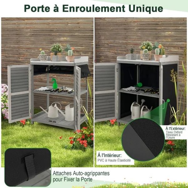 Abri de Jardin avec 2 Portes Magnétiques Étagère et Plateau en Métal Plaqué Cabane de Rangement en Bois de Sapin 67 x 47 x 100 cm Gris