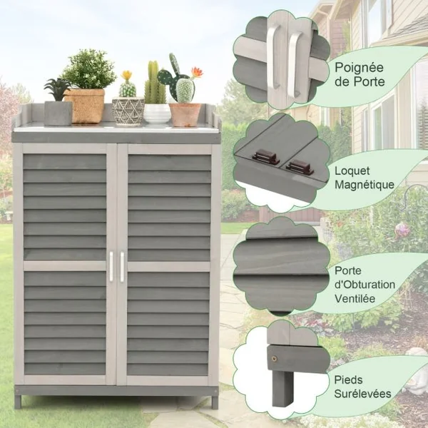 Abri de Jardin avec 2 Portes Magnétiques Étagère et Plateau en Métal Plaqué Cabane de Rangement en Bois de Sapin 67 x 47 x 100 cm Gris