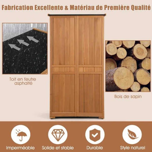 Abri de Jardin En Bois 160 Cm Toit en Asphalte 2 Portes Verrouillables avec Loquet Armoire Cabane en Sapin Pré-Huilé Imperméable 3 Étagères Amovibles Naturel